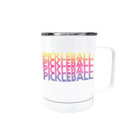 White insulated pickleball travel mug with rainbow PICKLEBALL text