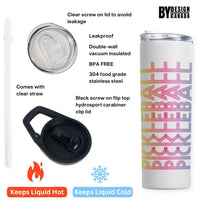 20 oz insulated pickleball tumbler feature diagram showing flip-top lid, sliding straw lid and double-wall insulation