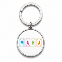 Round Mahjong keychain that spells MAHJ on colourful tiles