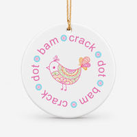 Round ceramic Mahjong ornament with dot bam crack text around a colourful bird
