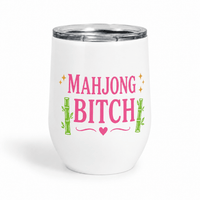 White insulated Mahjong wine tumbler with pink statement lettering and green decorative border