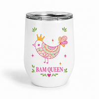 White insulated Mahjong wine tumbler with a pink bird, flowers and crown illustration