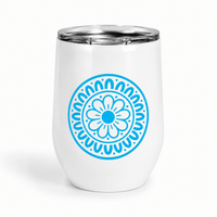 White insulated Mahjong wine tumbler with a blue circular floral mandala