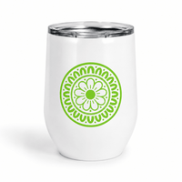 White insulated Mahjong wine tumbler with a green circular floral mandala