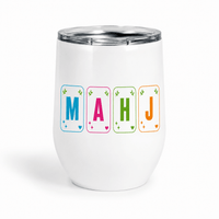 White insulated Mahjong wine tumbler with four pastel lettered tile illustrations