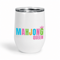 White insulated Mahjong wine tumbler with multicoloured lettering and a pink crown