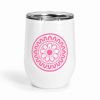 White insulated Mahjong wine tumbler with a pink circular floral mandala