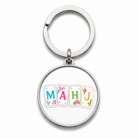 Round Mahjong keychain that spells MAHJ on pastel tiles with flowers