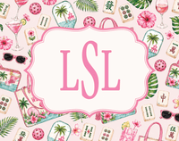 Personalized mahjong card insert design with pink floral mahjong tile pattern and LSL monogram in a scalloped frame