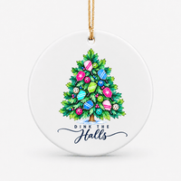 Round ceramic Christmas tree pickleball ornament that says Dink the Halls