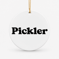 Round ceramic pickleball ornament that says Pickler