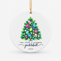 Round ceramic Christmas tree pickleball ornament with colourful pickleballs for the year I learned pickleball