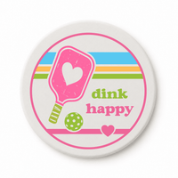 Round ceramic pickleball coaster that says dink happy with pink paddle heart