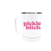 White insulated pickleball travel mug that says pickle bitch in pink