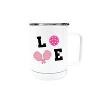 White insulated pickleball travel mug with pink LOVE paddle and pickleball design