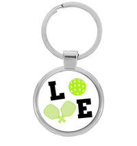 Round pickleball keychain with green LOVE paddle and pickleball design
