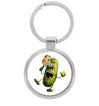 Mr. Pickle pickleball keychain with cartoon pickle holding a paddle, design 3