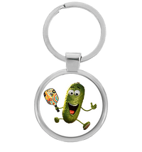 Mr. Pickle pickleball keychain with cartoon pickle holding a paddle, design 1