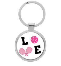Round pickleball keychain with pink LOVE paddle and pickleball design